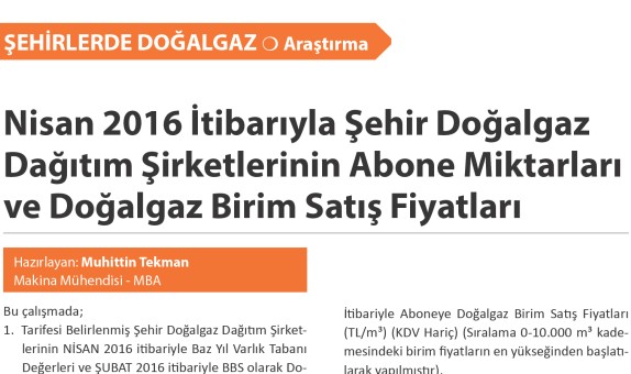 Şehir Doğalgaz Dağıtım Şirketlerinin Abone Miktarları ve Doğalgaz Birim Satış Fiyatları (2016 Nisan verileriyle)