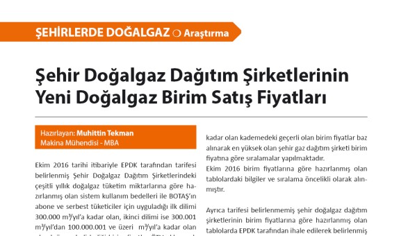 Şehir Doğalgaz Dağıtım Şirketlerinin Yeni Doğalgaz Birim Satış Fiyatları